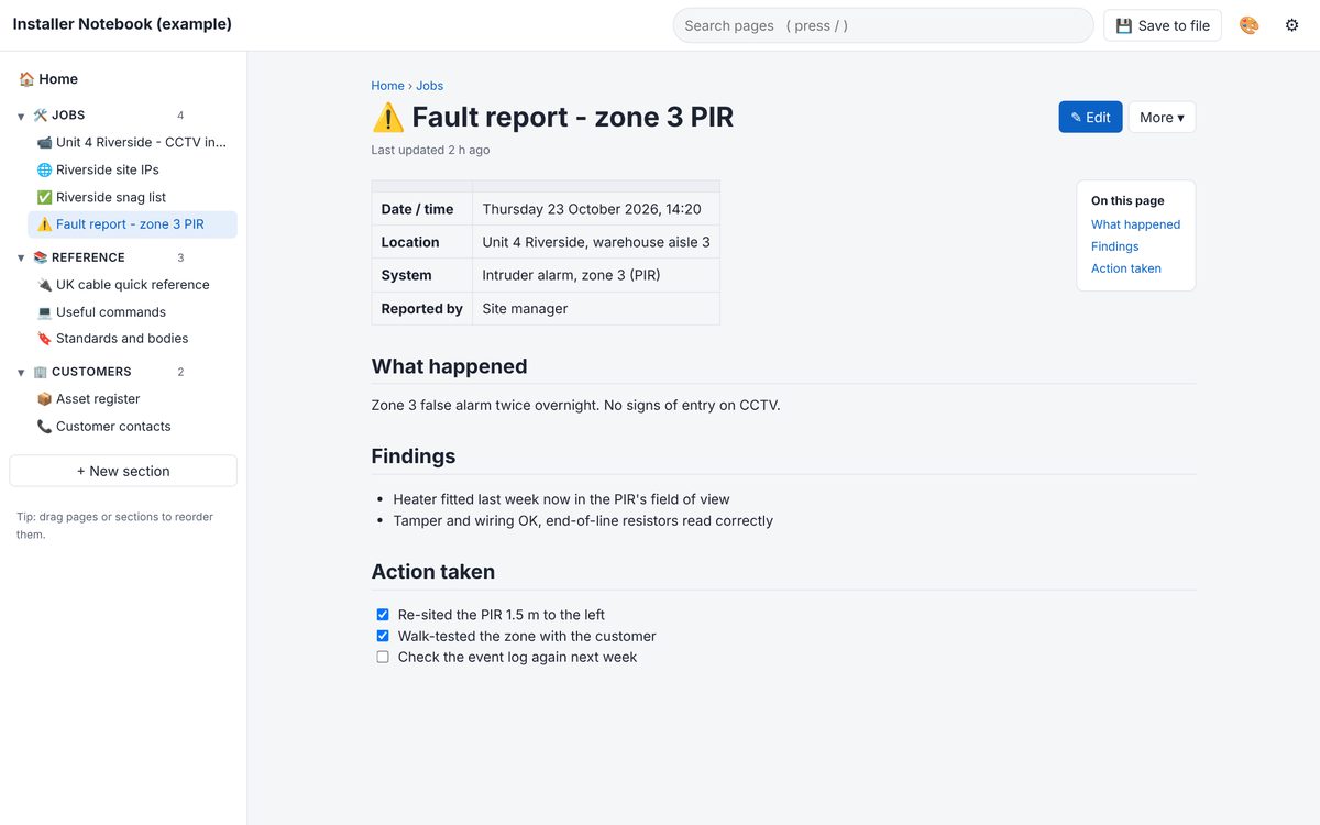 A fault report page for a zone 3 PIR false alarm with findings and actions
