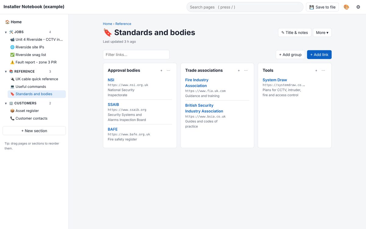 A bookmarks page with approval bodies, trade associations and tools in groups
