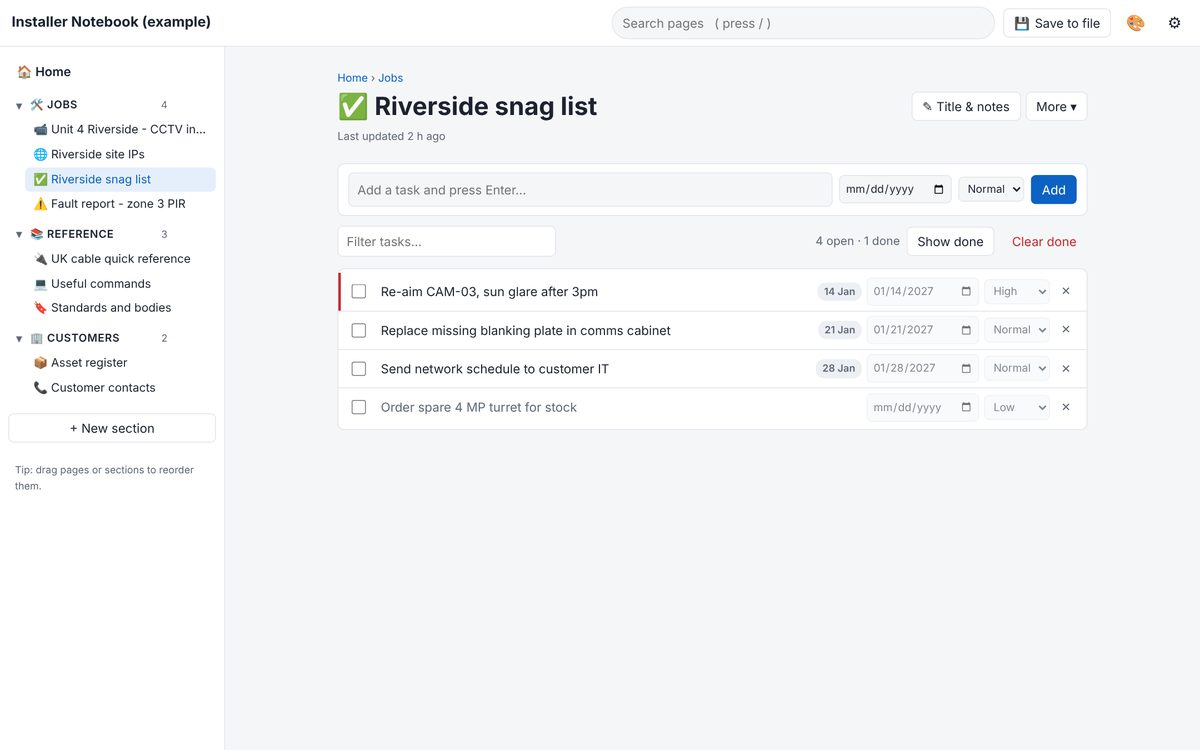 A snag list page with tasks, due dates and priorities